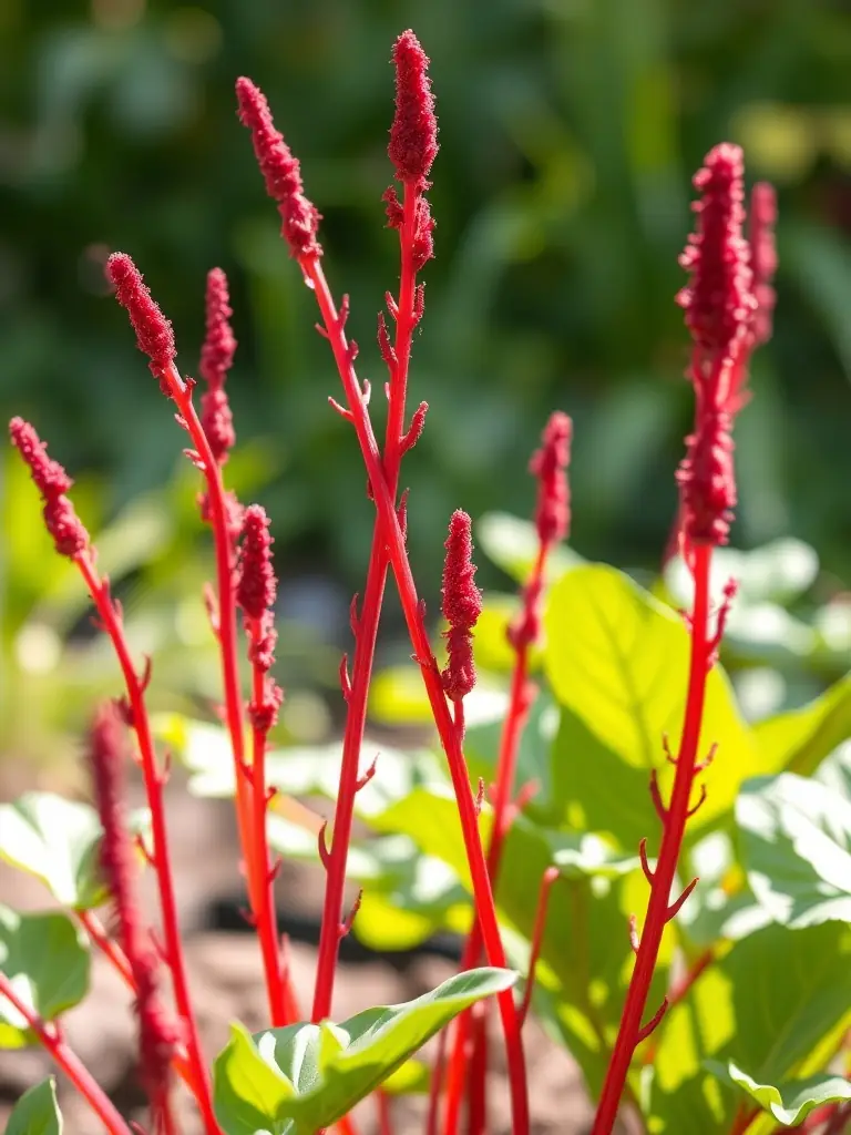 A close-up photograph of a traditional dye plant, such as woad or madder, growing in a CONSERVAT PLANTES TINCTORIALES AROMAT's conservation garden, showcasing its vibrant color and unique botanical features.