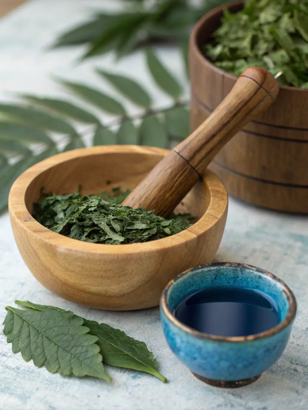 A close-up photograph of a vibrant indigo plant, showcasing its rich blue pigment, used in the context of CONSERVAT PLANTES TINCTORIALES AROMAT's dye plant conservation program.