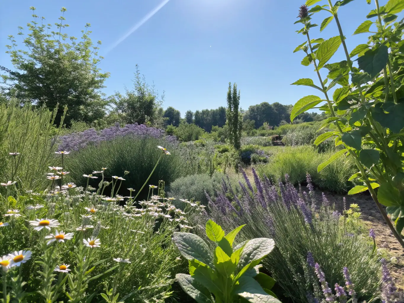 A photograph showcasing a diverse array of dye plants in a botanical garden, illustrating the biodiversity CONSERVAT PLANTES TINCTORIALES AROMAT helps to preserve.