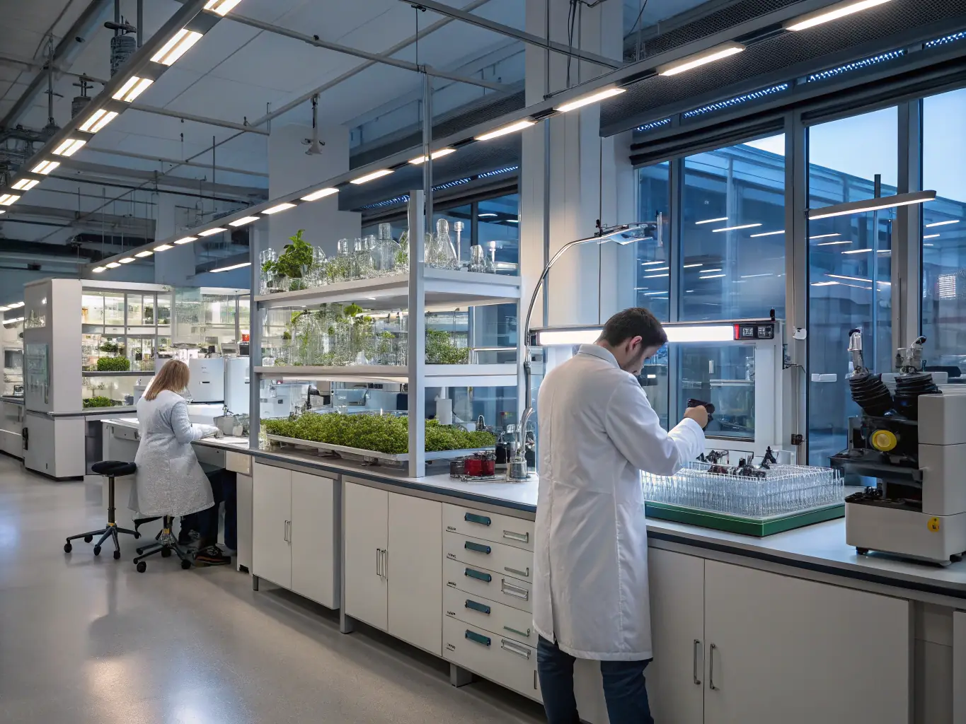 A photo of researchers studying aromatic plants in a lab, emphasizing the scientific aspect of CONSERVAT PLANTES TINCTORIALES AROMAT's conservation efforts.
