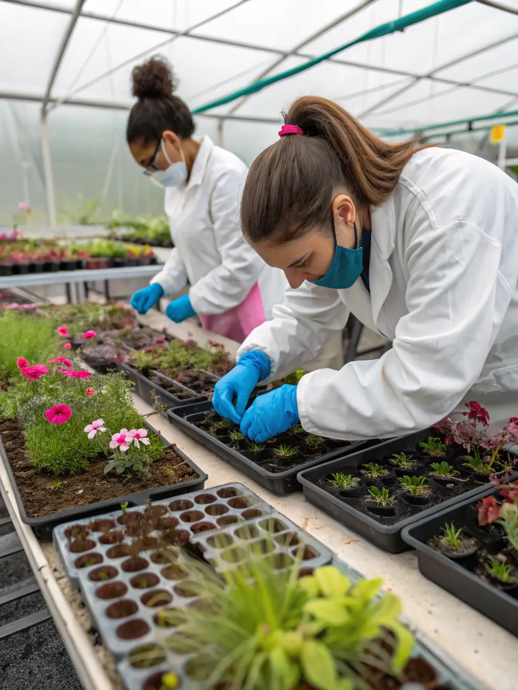 A photograph of CONSERVAT PLANTES TINCTORIALES AROMAT staff and volunteers working together in a field, collecting seeds from aromatic plants as part of a conservation project.