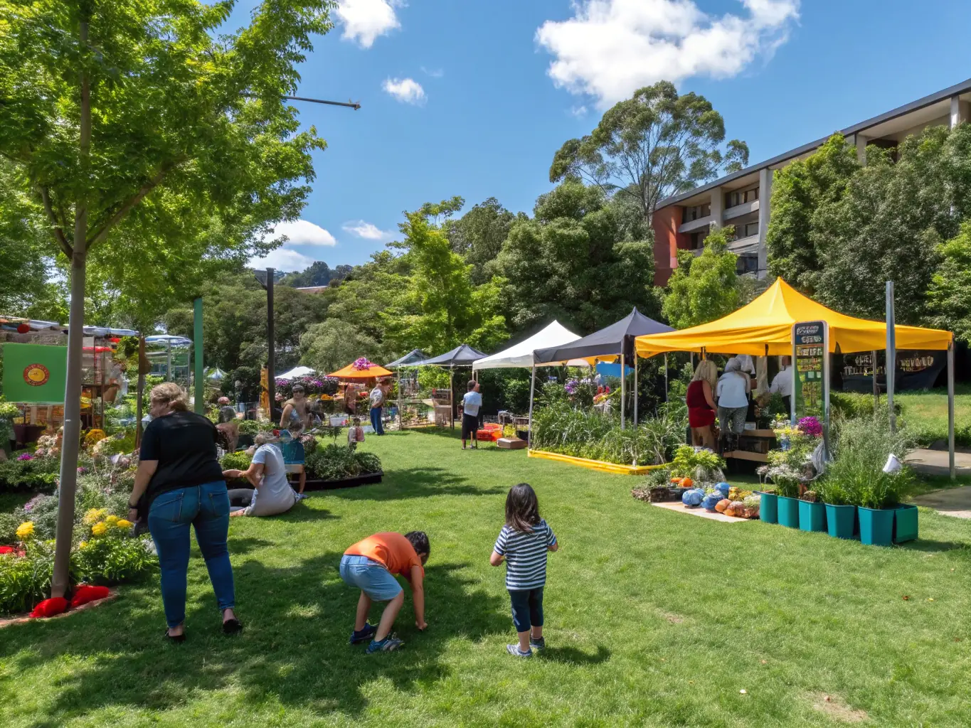 A vibrant image of a community outreach event, showcasing a display of various dye and aromatic plants with informational posters and interactive exhibits.