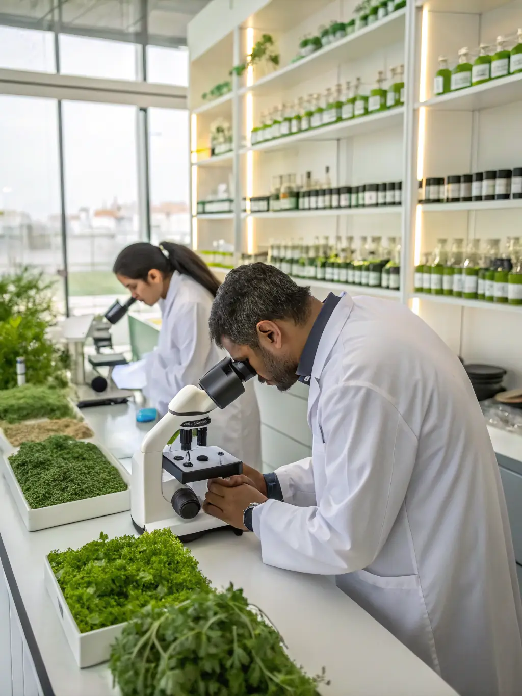 A photo of researchers studying the chemical properties of aromatic plants in a lab, showcasing the scientific aspect of the organization's work.