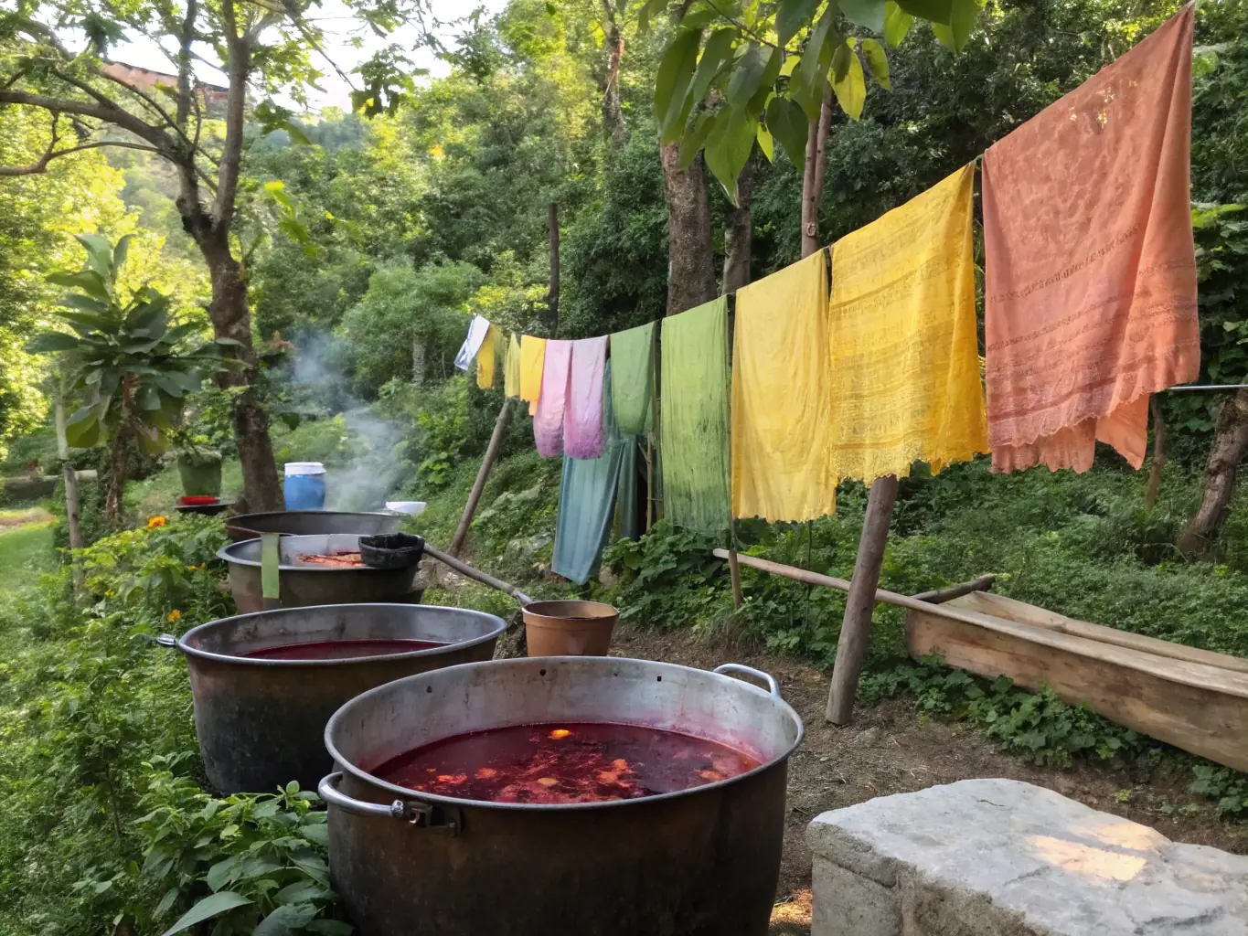A photograph of a workshop where participants are learning about traditional dyeing techniques using natural dyes extracted from plants. The scene should be interactive and educational.