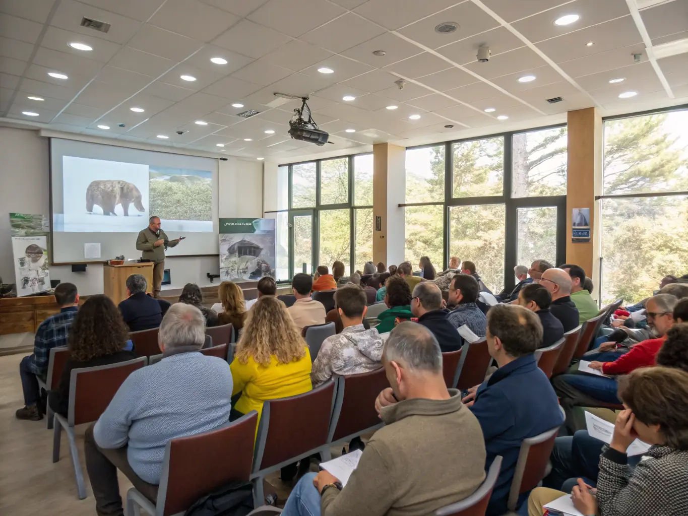 A photograph of a seminar in progress, with an expert botanist lecturing about the conservation of aromatic plants to an attentive audience.
