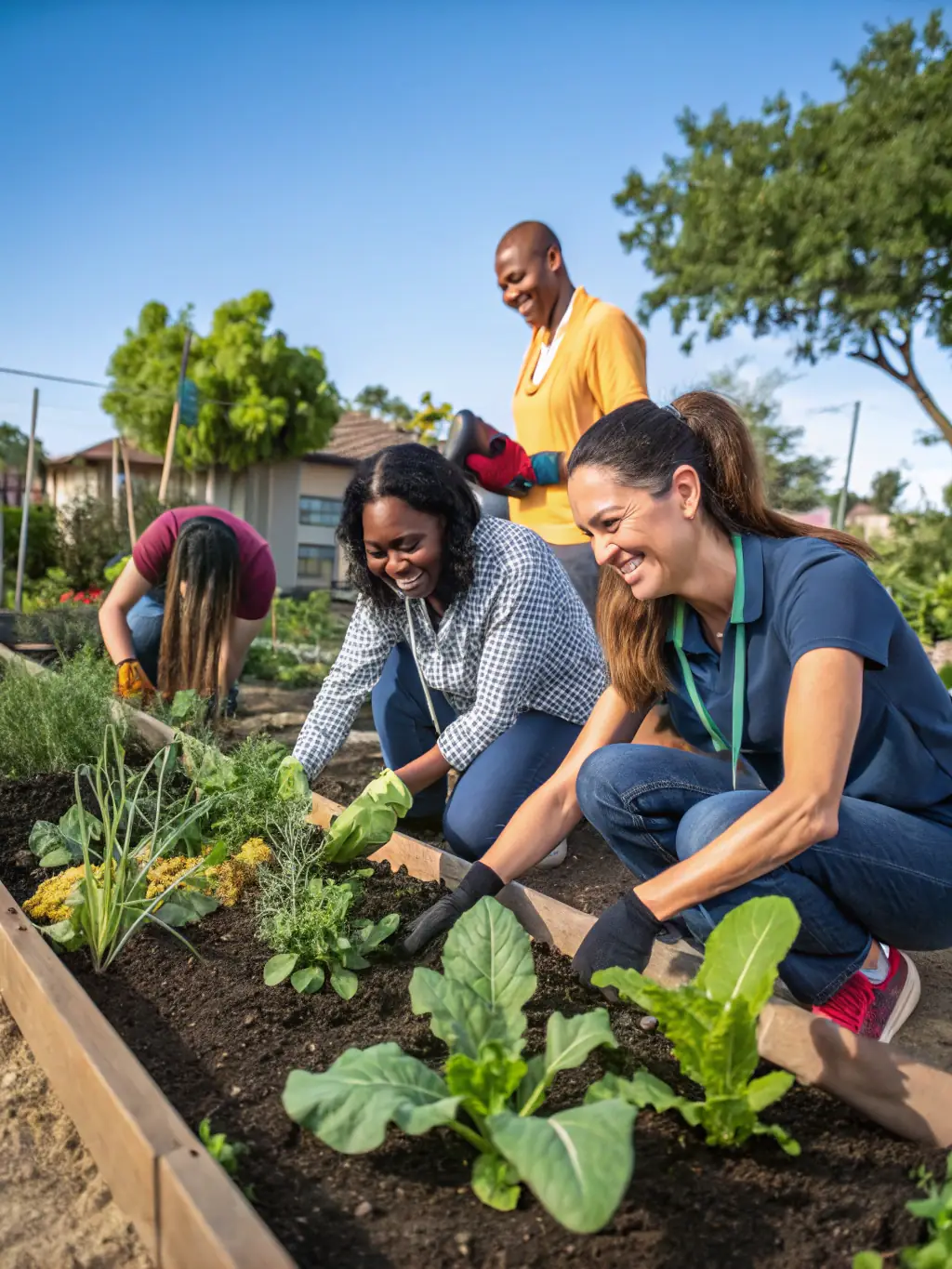A group of volunteers planting dye plants in a community garden, emphasizing the organization's engagement with local communities and promotion of sustainable practices.