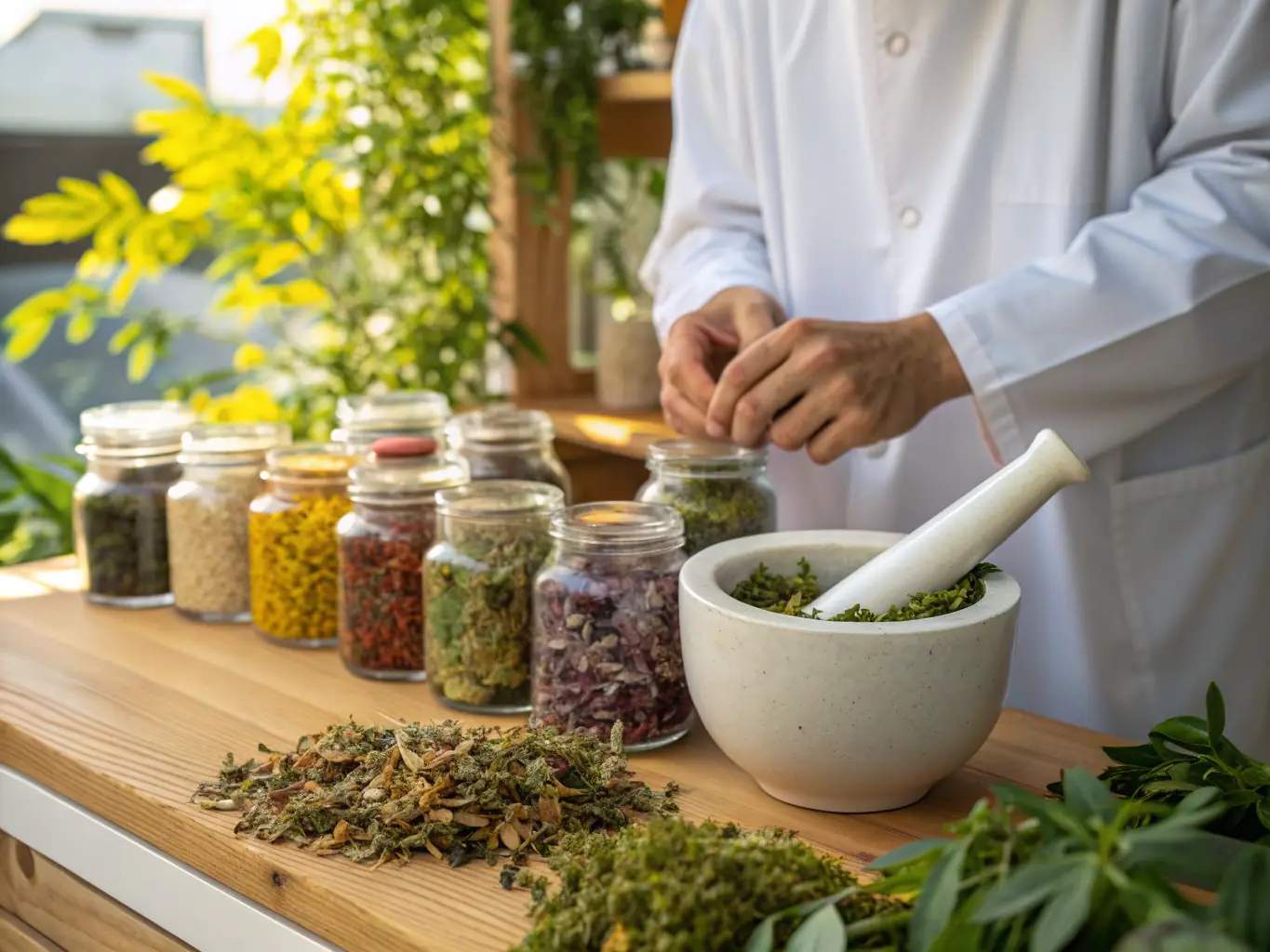 An image of a local artisan using traditional methods to extract dye from plants, highlighting the cultural heritage aspect of CONSERVAT PLANTES TINCTORIALES AROMAT's work.