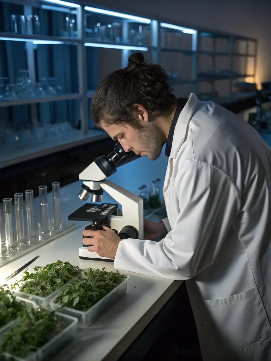 A photograph of a CONSERVAT PLANTES TINCTORIALES AROMAT researcher examining a sample of a rare aromatic plant in a laboratory, highlighting the scientific aspect of the organization's conservation work.