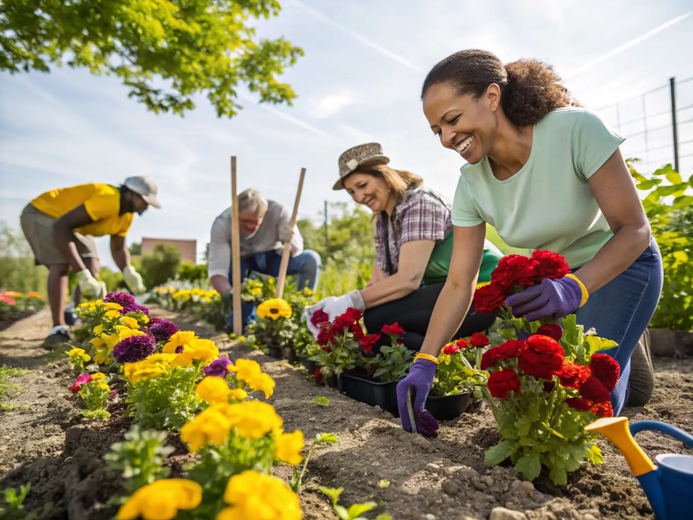 A group of volunteers planting dye plants in a community garden, showcasing the organization's hands-on conservation efforts.