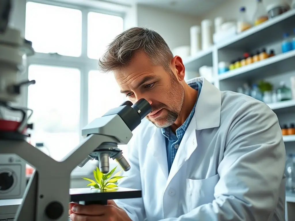 An image of researchers studying dye and aromatic plants in a laboratory setting, using modern scientific methods to understand their properties and conservation needs.
